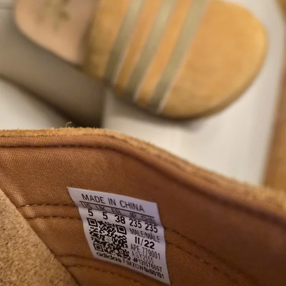 Adidas Tan Slides with Gold Logo - Picture 6 of 8